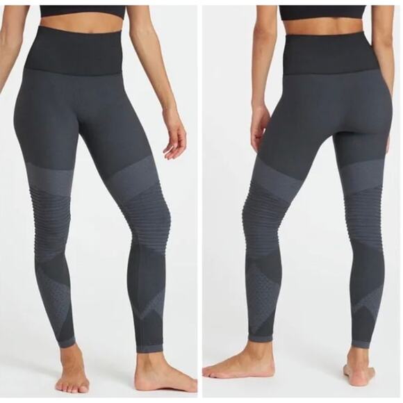 Spanx Seamless Large Look At Me Now Black Gray Textured Leggings High Rise - Picture 1 of 6